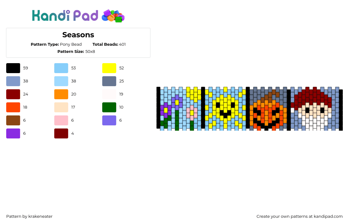 Seasons - Pony Bead Pattern by krakeneater on Kandi Pad - seasons,festive,panels,cuff,flowers,sun,pumpkin,santa,spring,summer,fall,autumn,winter,colorful,light blue,yellow,orange