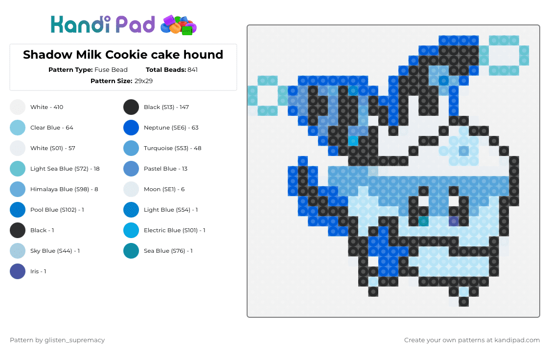 Shadow Milk Cookie cake hound - Fuse Bead Pattern by soggy_waffles on Kandi Pad - white,blue,light blue,shadow milk cookie,cookie run,cookie run kingdom