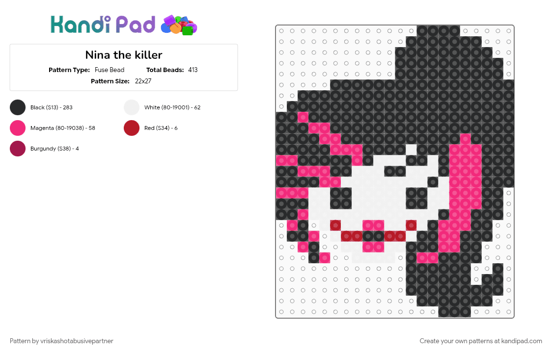 Nina the killer - Fuse Bead Pattern by vriskashotabusivepartner on Kandi Pad - black, creepypasta, nina hopkins, nina the killer, pink