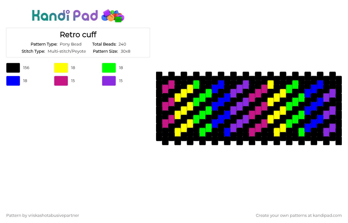 Retro cuff - Pony Bead Pattern by vriskashotabusivepartner on Kandi Pad - black,purple,cotdsynthwaveaesthetics
