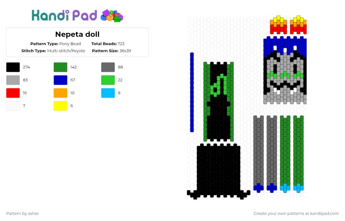 Nepeta doll - Pony Bead Pattern by vriskashotabusivepartner on Kandi Pad - purple,beige,green,gray,homestuck,nepeta,nepeta leijon
