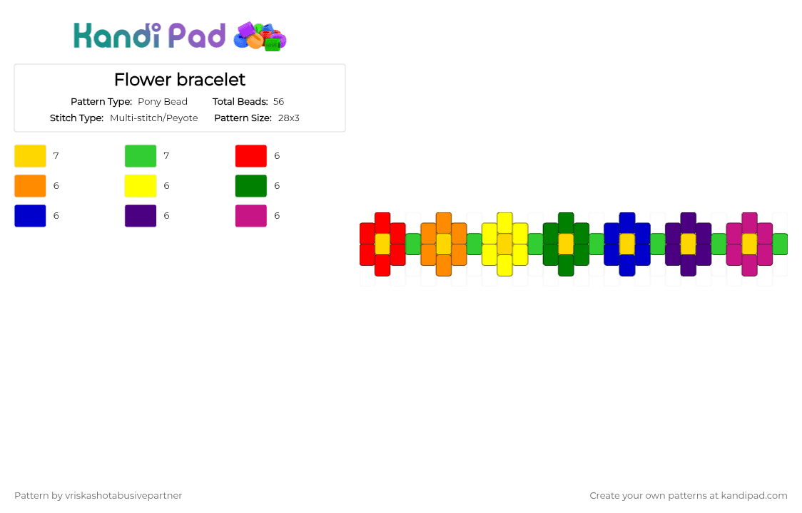 Flower bracelet - Pony Bead Pattern by vriskashotabusivepartner on Kandi Pad - yellow,green,purple,flowers,rainbow