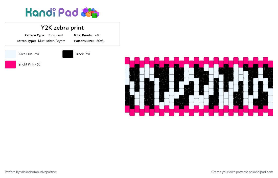 Y2K zebra print - Pony Bead Pattern by vriskashotabusivepartner on Kandi Pad - 2000s, animal print, mcbling, pink, white, y2k, zebra