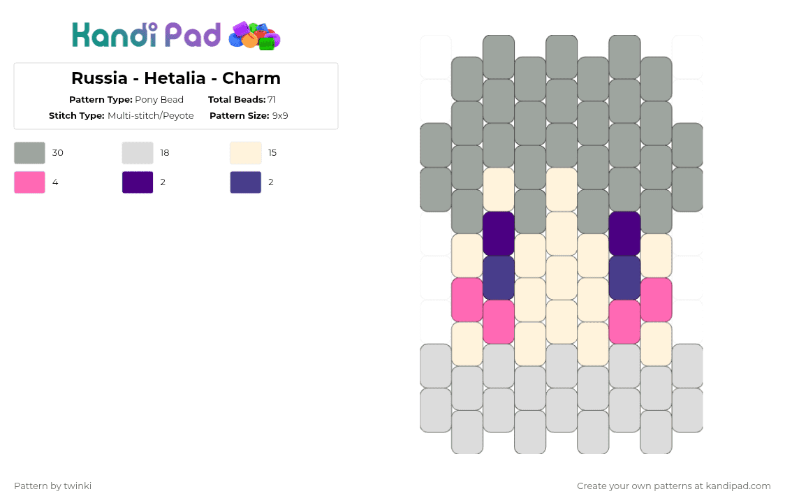 Russia - Hetalia - Charm - Pony Bead Pattern by vriskashotabusivepartner on Kandi Pad - gray,hetalia,russia