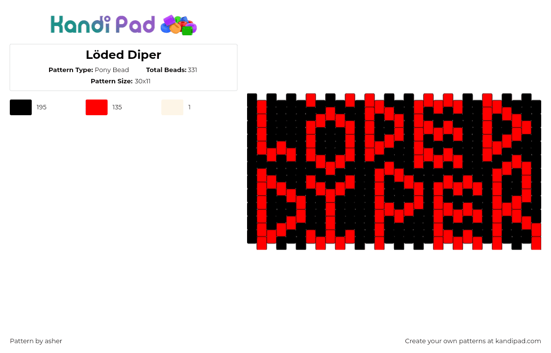 Löded Diper - Pony Bead Pattern by asher on Kandi Pad - loded diper,diary of a wimpy kid,text,sign,band,music,black,red