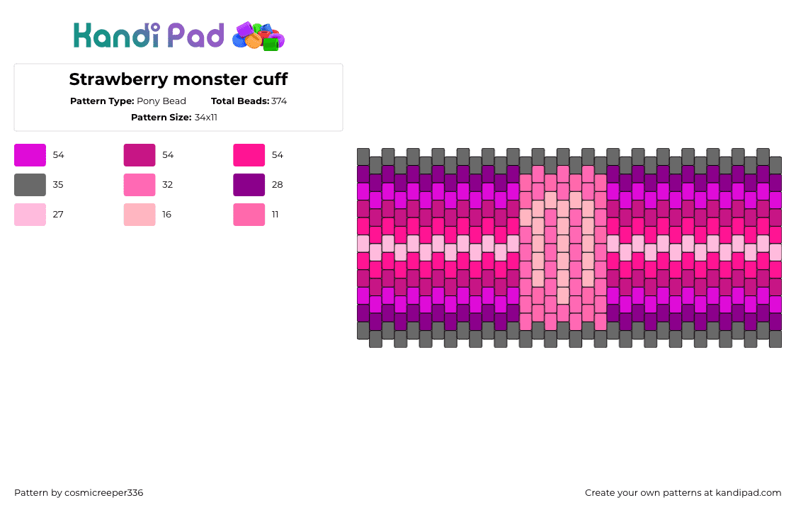 Strawberry monster cuff - Pony Bead Pattern by cosmicreeper336 on Kandi Pad - monster,energy,drink,logo,cuff,pink,purple