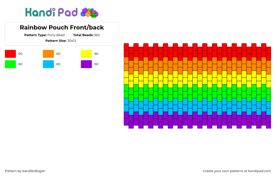 Rainbow Pouch Front/back - Pony Bead Pattern by kandikidlogan on Kandi Pad - rainbow,horizontal,stripes,bag,panel,colorful