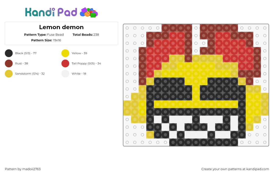 Lemon demon - Fuse Bead Pattern by madoii2763 on Kandi Pad - lemon demon,logo,music,band,smile,yellow,red,black