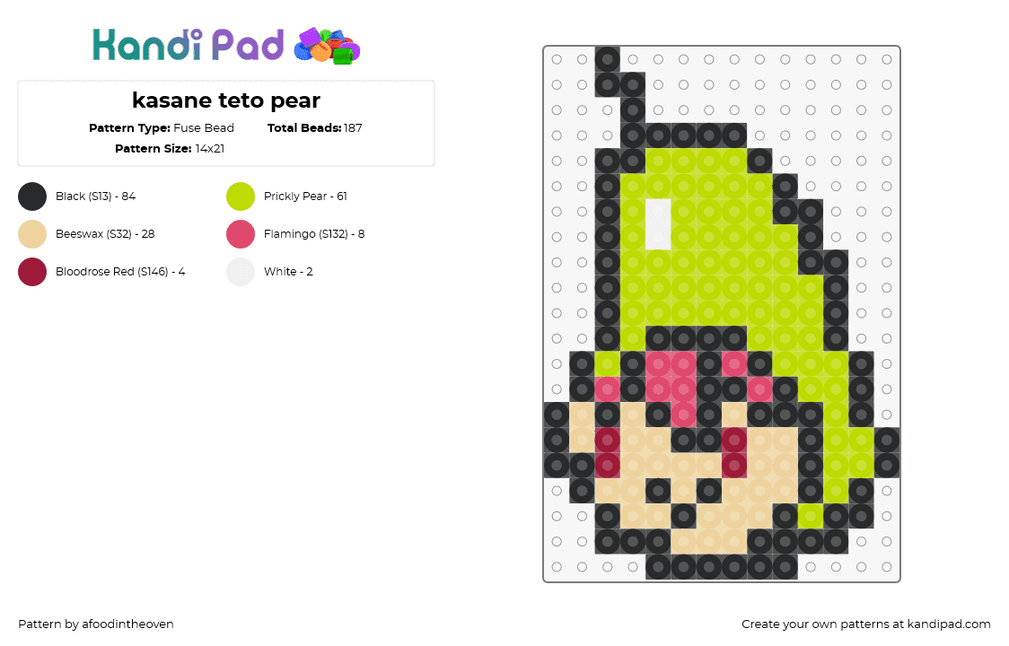 kasane teto pear - Fuse Bead Pattern by afoodintheoven on Kandi Pad - kasane teto,pear,vocaloid,costume,music,green,tan