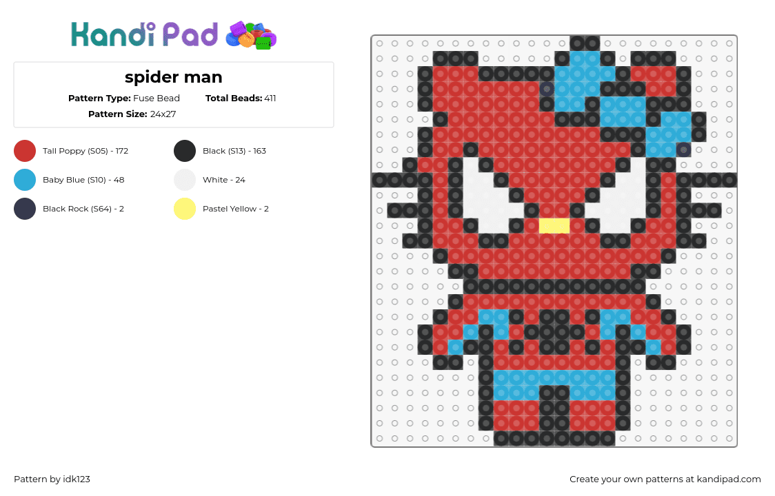 spider man - Fuse Bead Pattern by idk123 on Kandi Pad - hello kitty,spiderman,costume,sanrio,character,bow,red,light blue