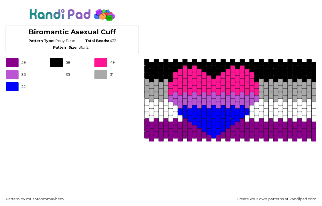 Biromantic Asexual Cuff - Pony Bead Pattern by mushroommayhem on Kandi Pad - biromantic,asexual,pride,cuff,heart,pink,purple,blue,gray