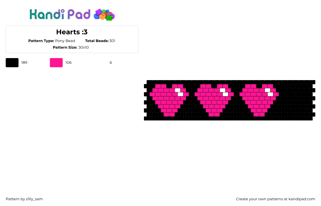 Hearts :3 - Pony Bead Pattern by s1lly_sam on Kandi Pad - hearts,love,valentine,cuff,dark,pink,black