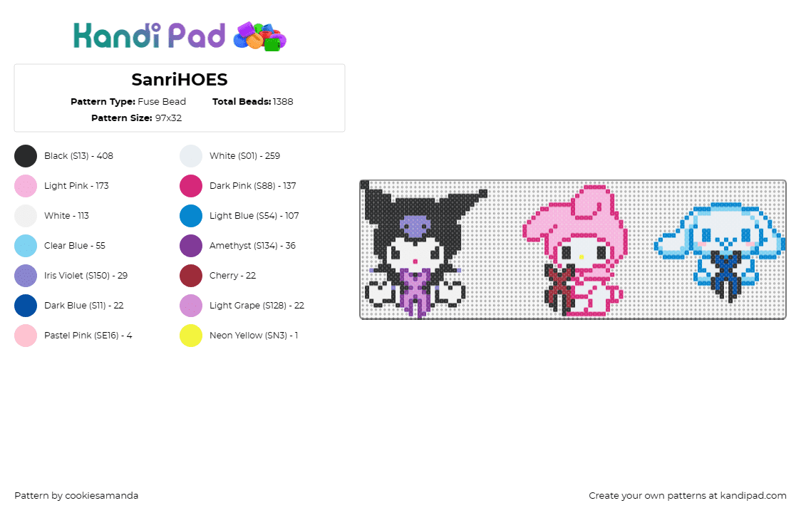 SanriHOES but Excision - Fuse Bead Pattern by cookiesamanda on Kandi Pad - excision,sanrio,mashup,dj,dubstep,edm,characters,my melody,kuromi,cinnamoroll,music,cute,pink,blue,white