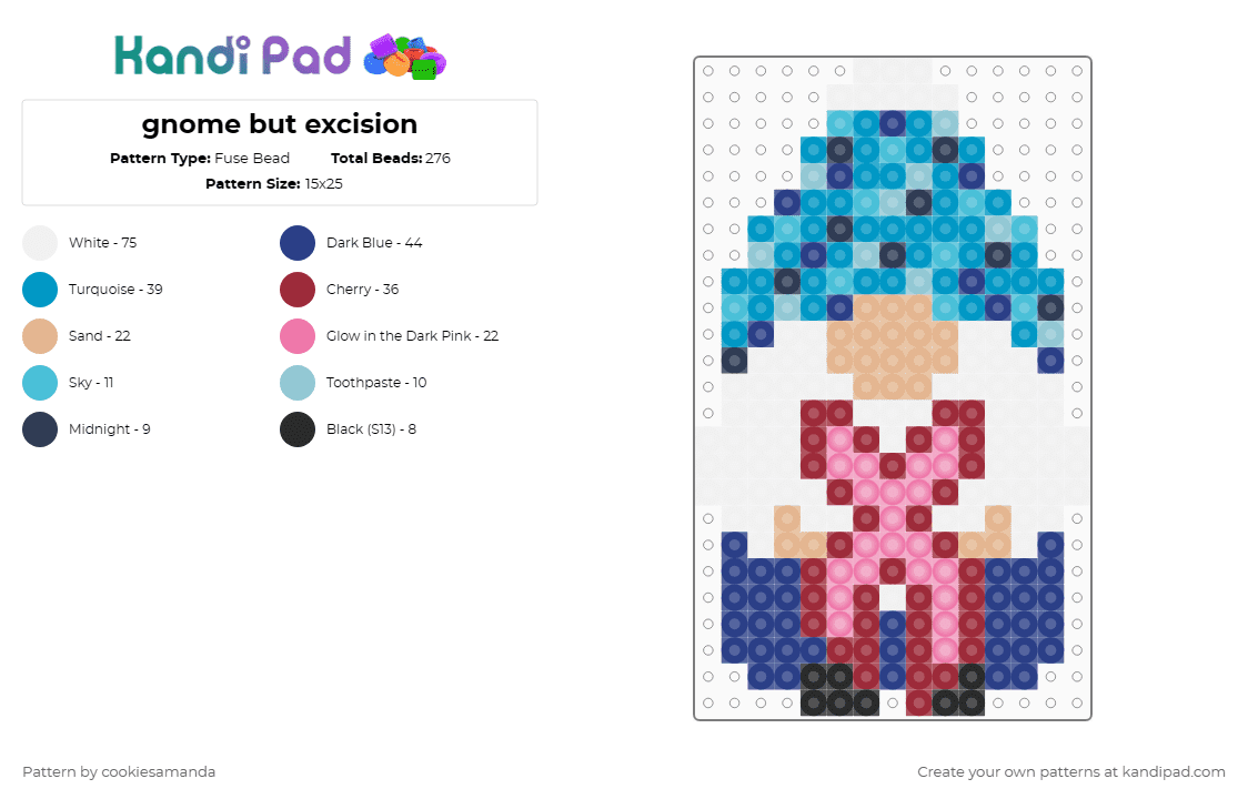gnome but excision - Fuse Bead Pattern by cookiesandkandi on Kandi Pad - excision,gnome,dj,edm,music,figure,character,statue,garden,decoration,light blue,blue,red