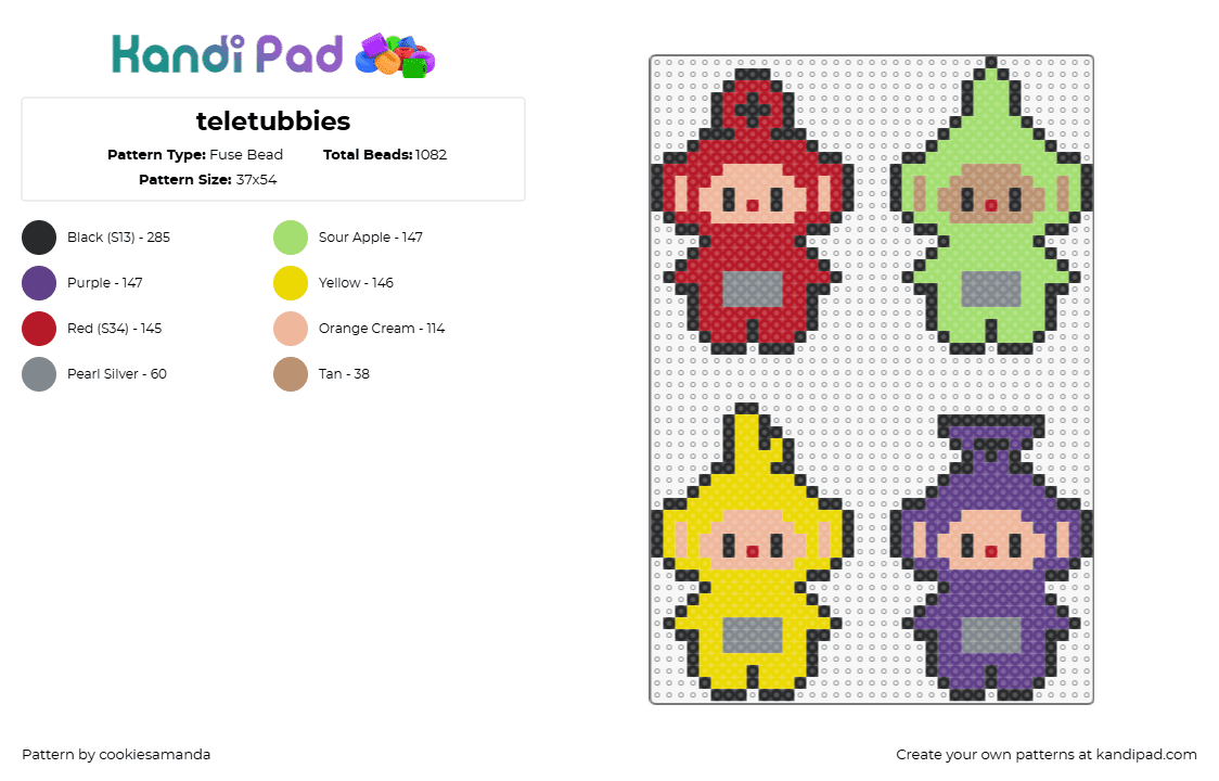 teletubbies - Fuse Bead Pattern by cookiesamanda on Kandi Pad - teletubbies,tinky winky,laa laa,dipsy,po,characters,cute,charms,colorful,characters,tv show,children,red,purple,yellow,green