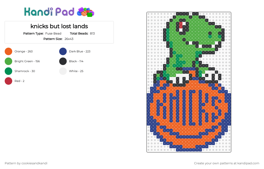 knicks but lost lands - Fuse Bead Pattern by cookiesandkandi on Kandi Pad - knicks,lost lands,basketball,festival,music,dinosaur,cute,dj,sports,blue,green,orange