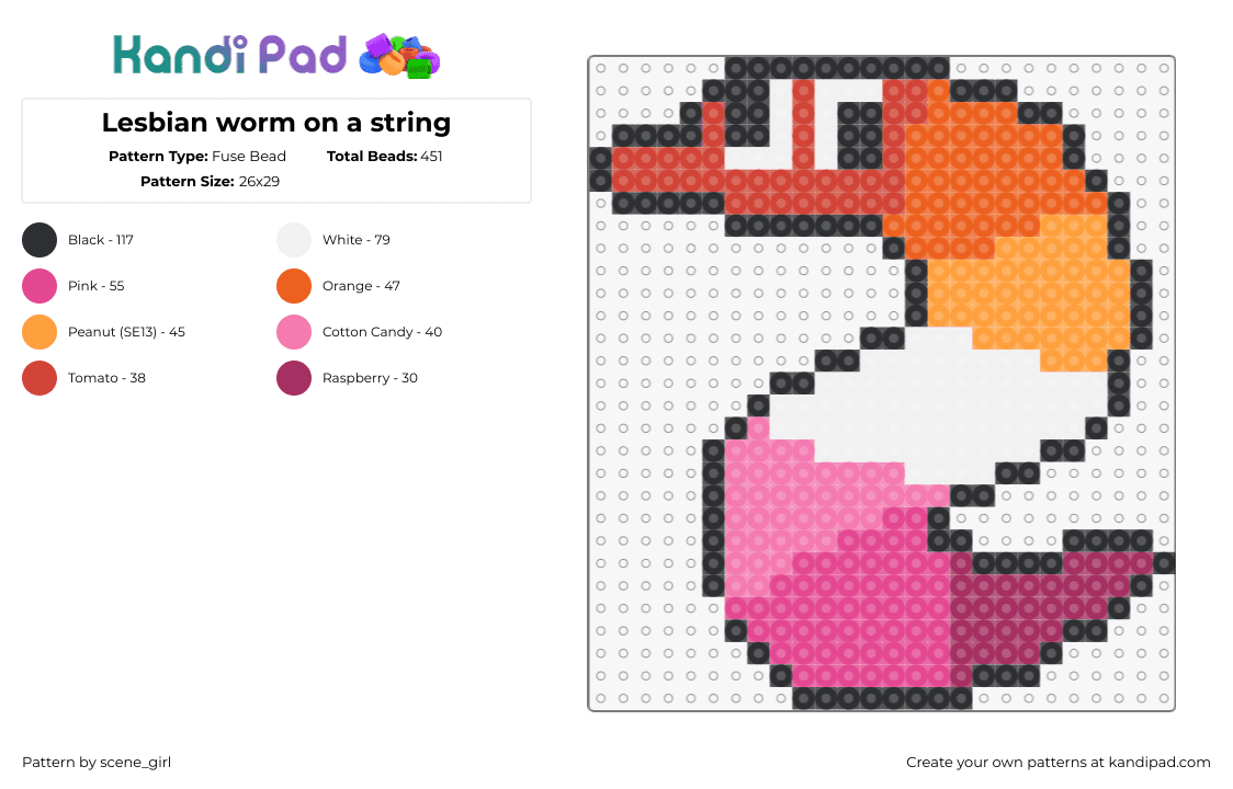 Lesbian worm on a string - Fuse Bead Pattern by scene_girl on Kandi Pad - squirmle,lesbian,worm,pride,pink,orange