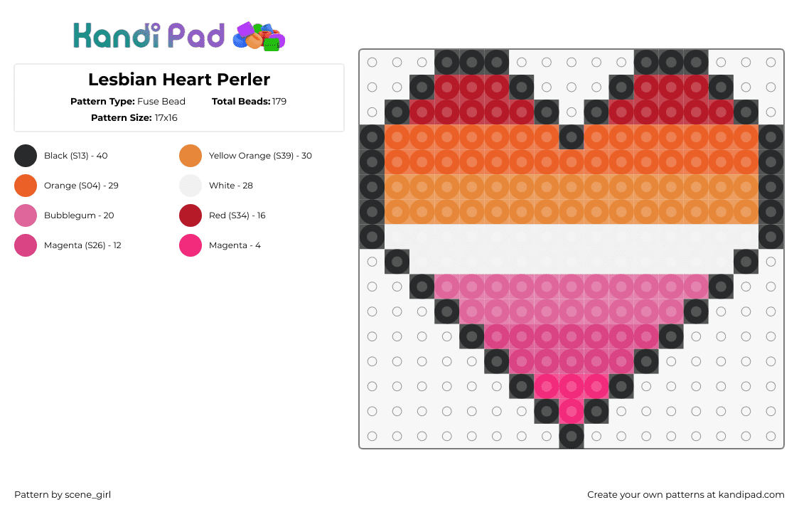 Lesbian Heart Perler - Fuse Bead Pattern by scene_girl on Kandi Pad - lesbian,heart,love,pride,gradient,orange,pink