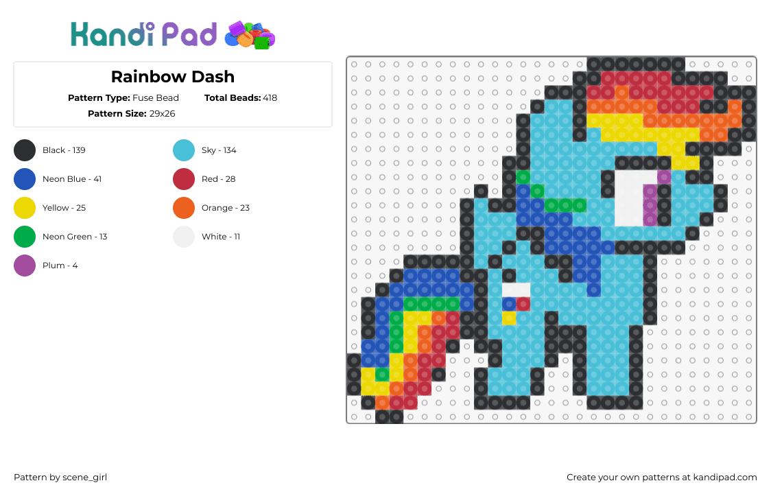 Rainbow Dash - Fuse Bead Pattern by scene_girl on Kandi Pad - rainbow dash,mlp,my little pony,character,cute,colorful,light blue,red