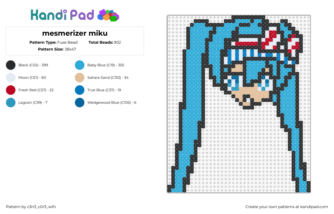 mesmerizer miku - Fuse Bead Pattern by c3n3_c0r3_wth on Kandi Pad - hatsune miku,vocaloid,head,music,teal