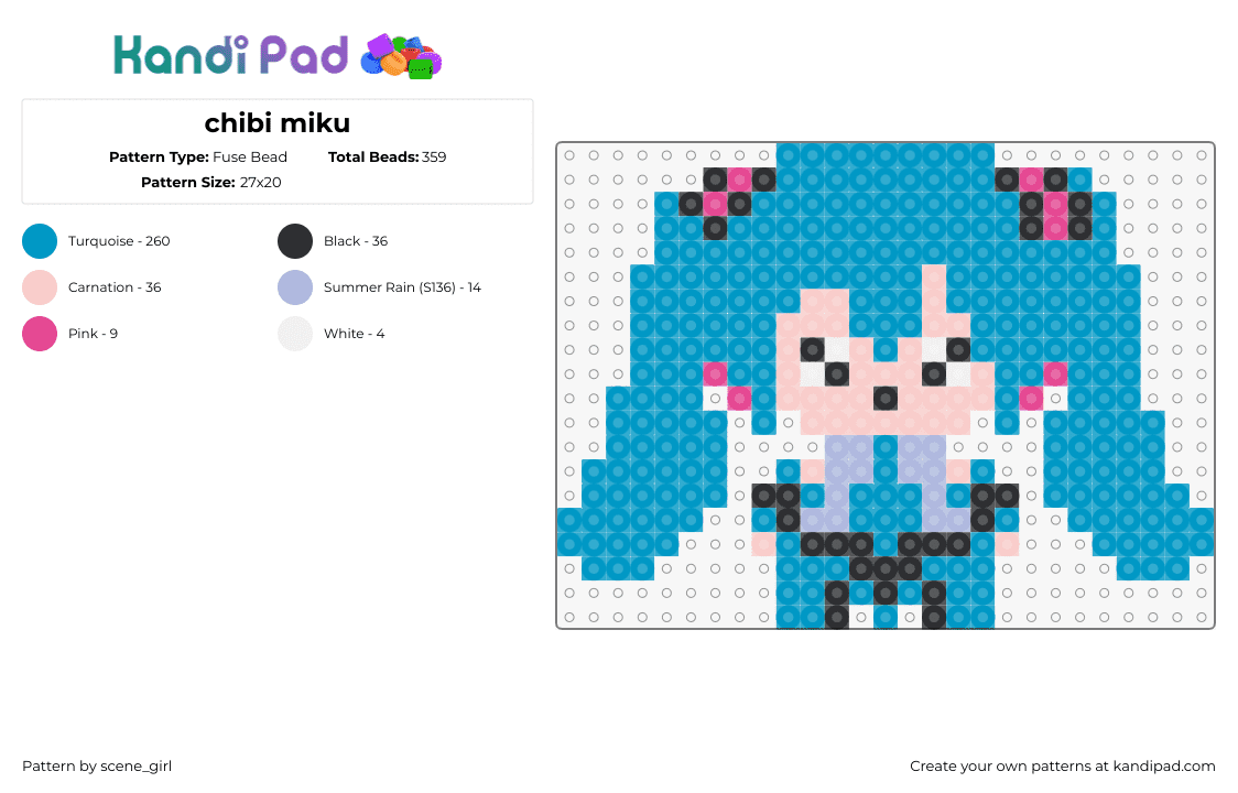 chibi miku - Fuse Bead Pattern by scene_girl on Kandi Pad - hatsune miku,vocaloid,character,music,teal