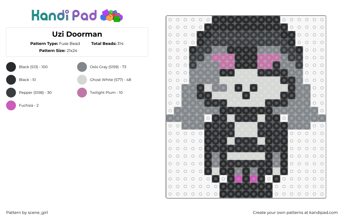 Uzi Doorman - Fuse Bead Pattern by c3n3_c0r3_wth on Kandi Pad - uzi doorman,murderdrones,character,chibi,horror,tv show,animation,gray,black