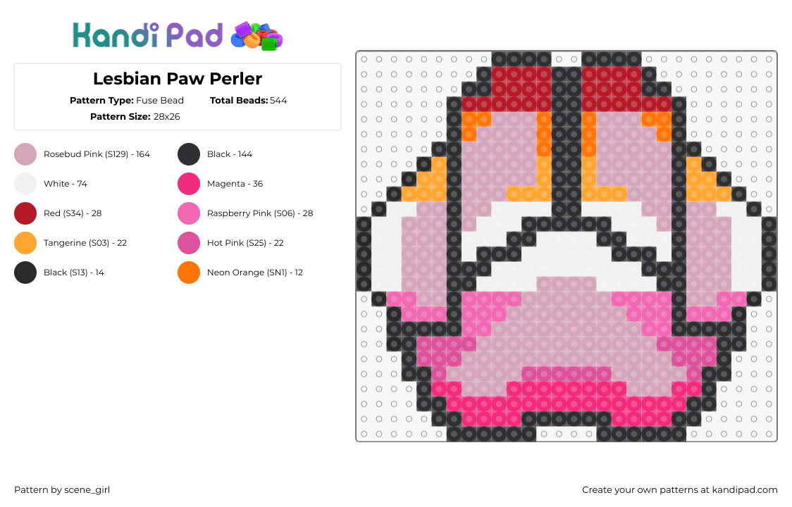 Lesbian Paw Perler - Fuse Bead Pattern by scene_girl on Kandi Pad - paw,lesbian,pride,animal,pink