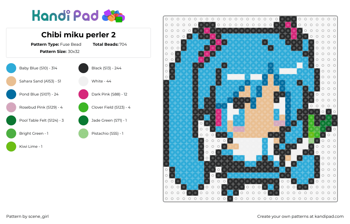 Chibi miku perler 2 - Fuse Bead Pattern by scene_girl on Kandi Pad - hatsune miku,leek,vocaloid,chibi,music,character,kawaii,light blue,tan