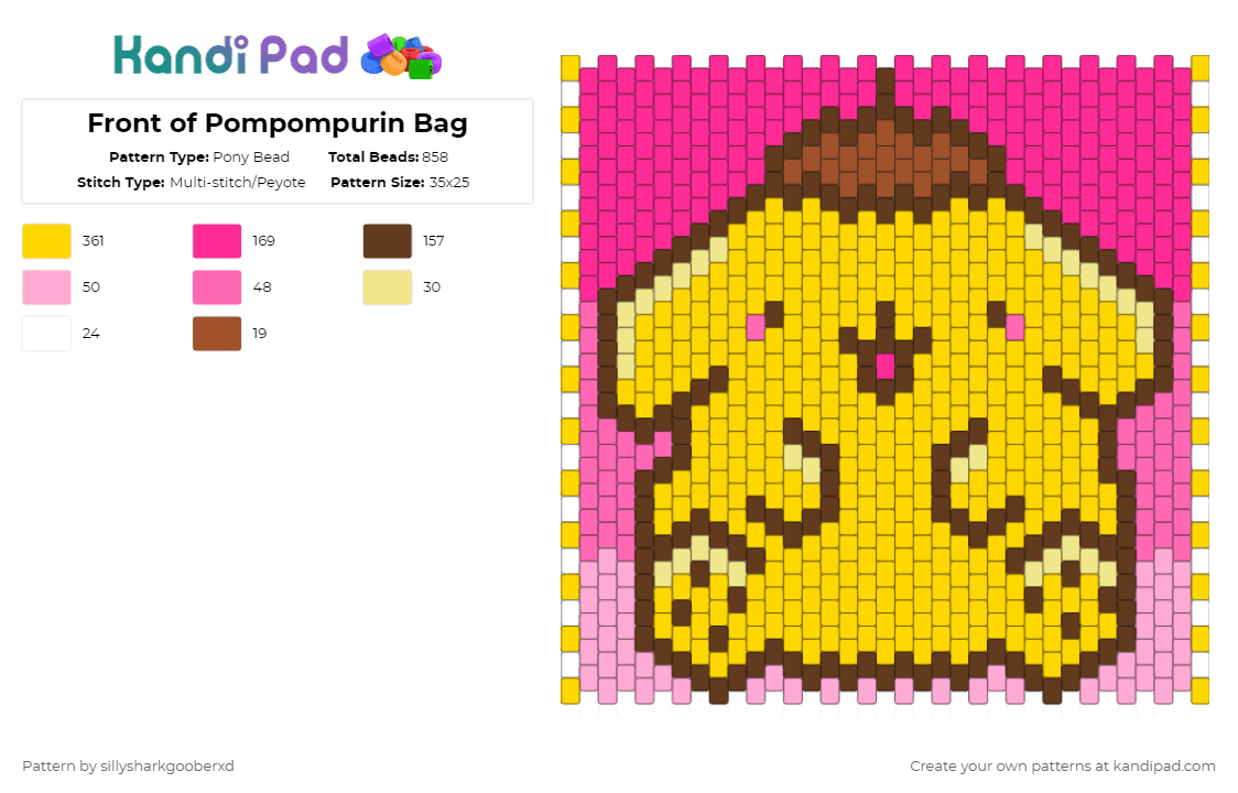 Front of Pompompurin Bag - Pony Bead Pattern by sillysharkgooberxd on Kandi Pad - yellow,pink,pompompurinsanrio,pompompurin,sanrio