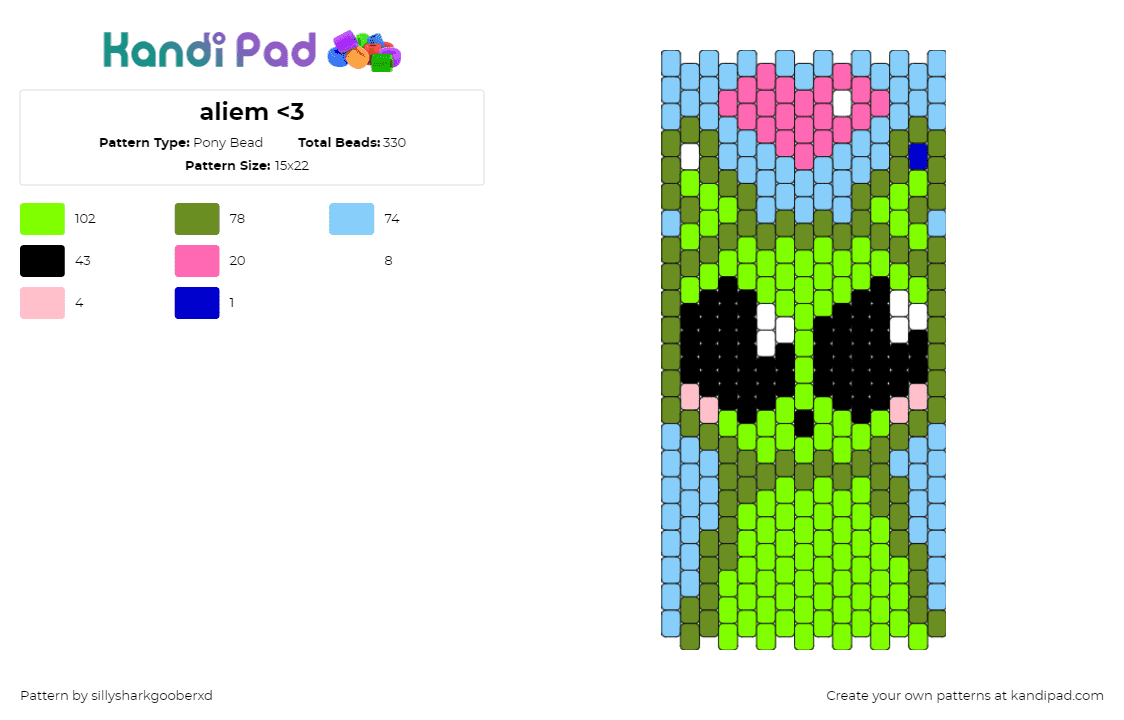 aliem - Pony Bead Pattern by sillysharkgooberxd on Kandi Pad - alien,cute,heart,extraterrestrial,panel,character,green,light blue,pink