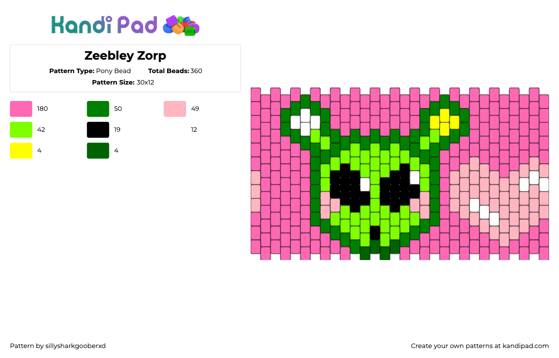 Zeebley Zorp - Pony Bead Pattern by sillysharkgooberxd on Kandi Pad - gnarpy,alien,regretevator,roblox,character,alien,cuff,video game,green,pink