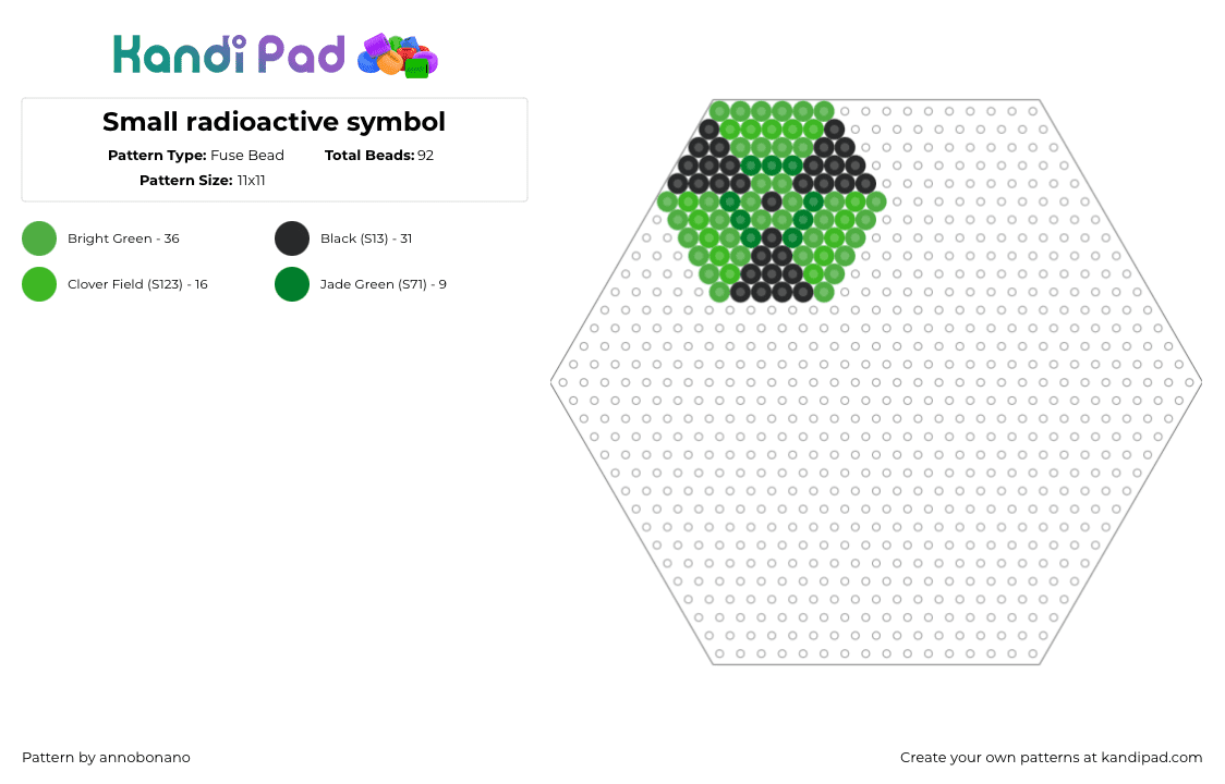 Small radioactive symbol - Fuse Bead Pattern by annobonano on Kandi Pad - radioactive,sign,symbol,caution,warning,toxic,hexagon,green,black