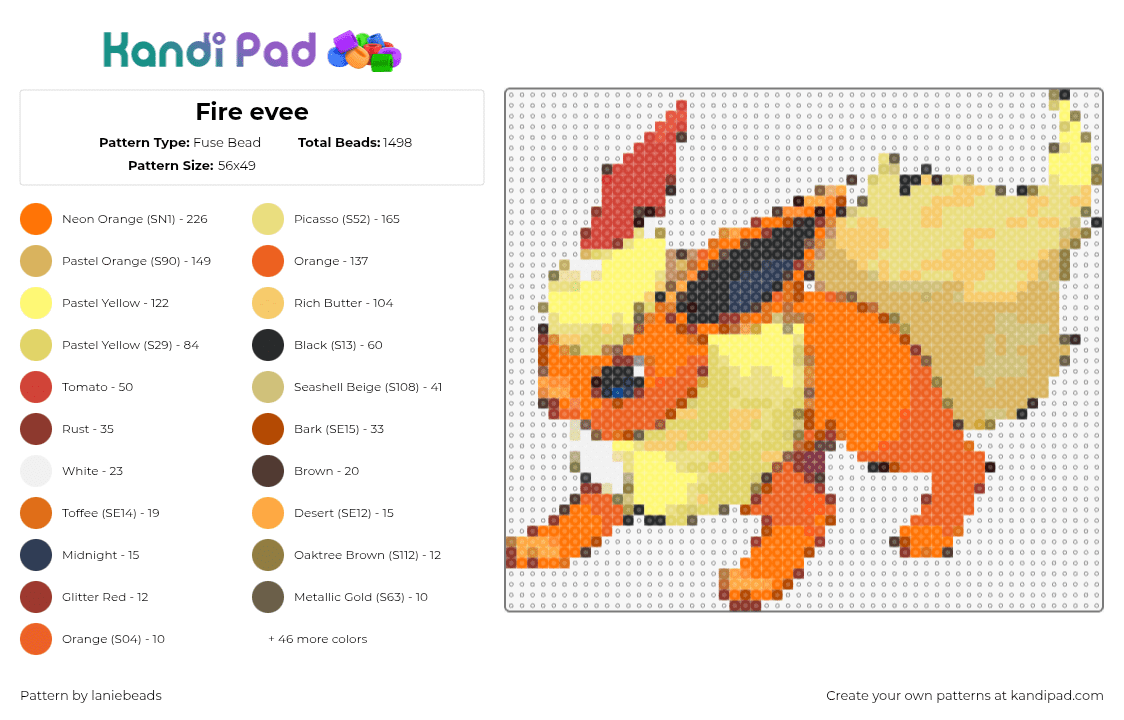 Fire evee - Fuse Bead Pattern by laniebeads on Kandi Pad - flareon,eevee,pokemon,evolution,character,gaming,orange,yellow