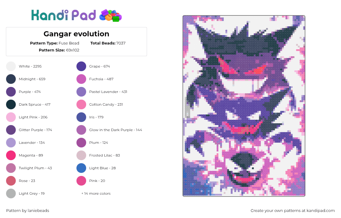 Gangar evolution - Fuse Bead Pattern by laniebeads on Kandi Pad - gengar,haunter,gastly,pokemon,evolution,gaming,spooky,purple