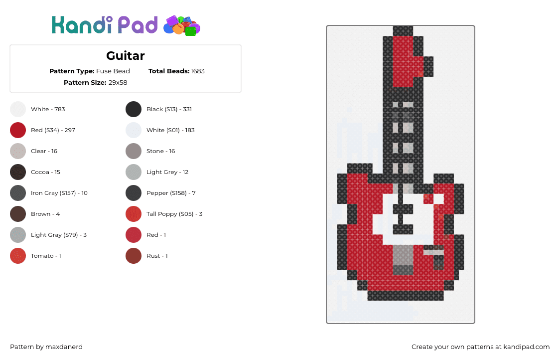 Guitar - Fuse Bead Pattern by maxdanerd on Kandi Pad - guitar,instrument,music,red