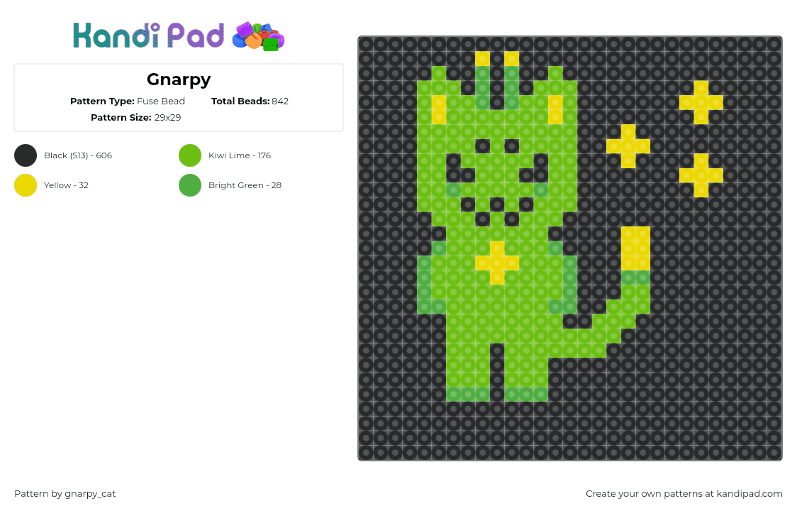 Gnarpy - Fuse Bead Pattern by gnarpy_cat on Kandi Pad - gnarpy,regretevator,alien,roblox,video game,character,green,black