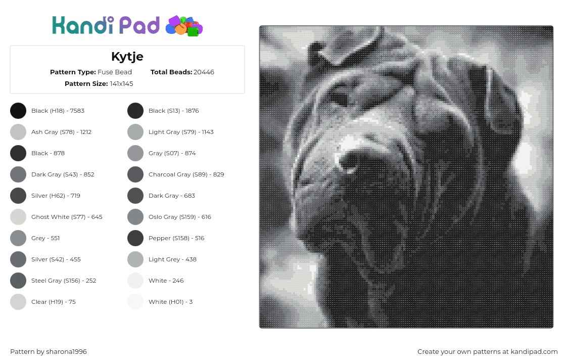 Kytje - Fuse Bead Pattern by sharona1996 on Kandi Pad - shar pei,dog,portrait,animal,cute,wrinkles,grayscale