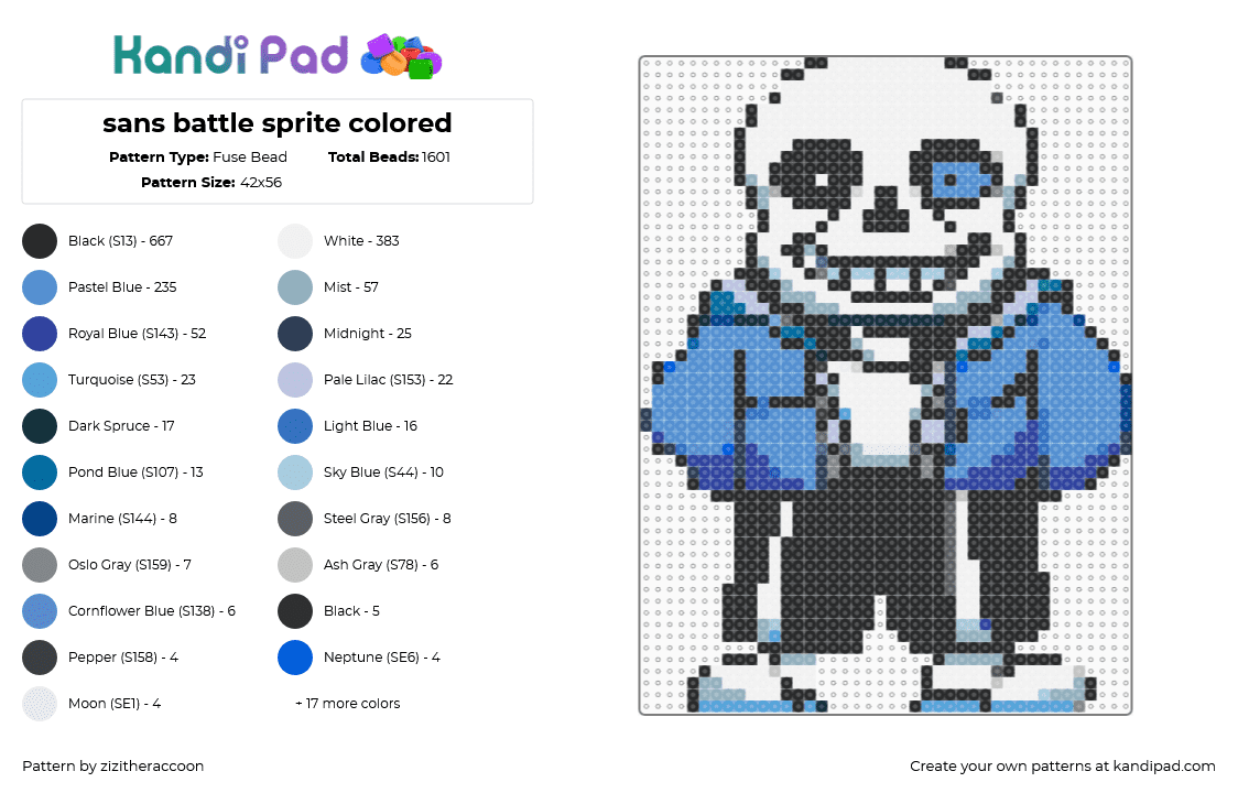 sans battle sprite colored /w blue eye - Fuse Bead Pattern by zizitheraccoon on Kandi Pad - black,white,light blue,purple