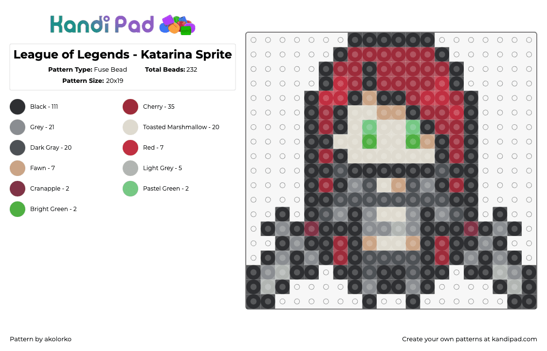 League of Legends - Katarina Sprite - Fuse Bead Pattern by akolorko on Kandi Pad - katarina,league of legends,lol,character,video game,red,gray