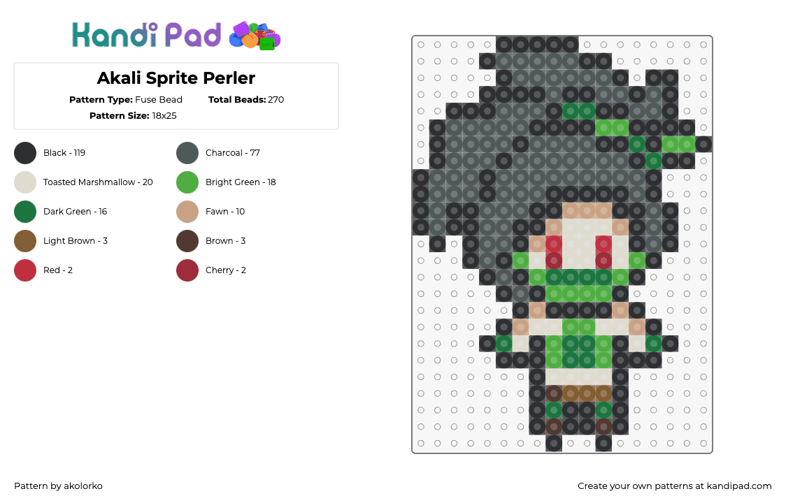 League of Legends - Akali Sprite - Fuse Bead Pattern by akolorko on Kandi Pad - akali,league of legends,lol,character,video game,green,gray