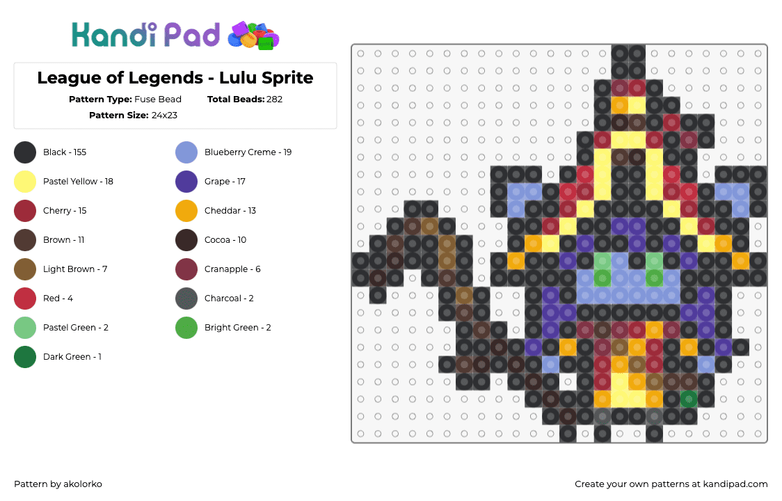 League of Legends - Lulu Sprite - Fuse Bead Pattern by akolorko on Kandi Pad - lulu,league of legends,character,video game,sprite,yellow,purple