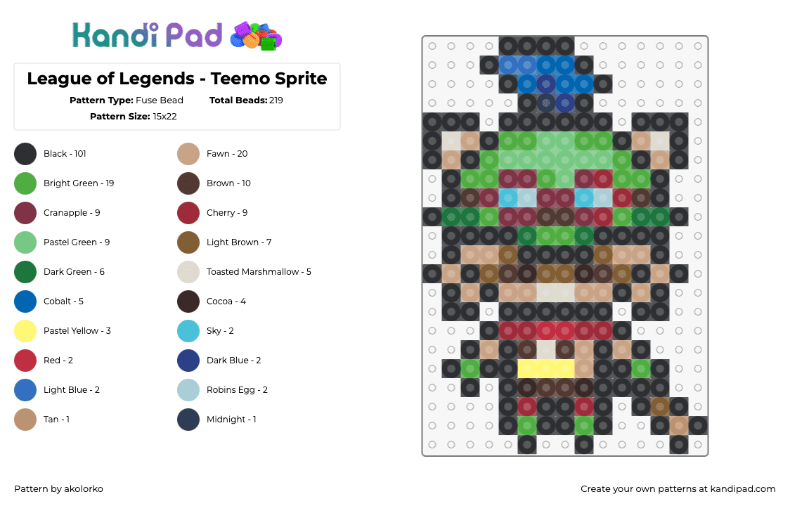 League of Legends - Teemo Sprite - Fuse Bead Pattern by akolorko on Kandi Pad - teemo,lol,league of legends,character,video game,green,tan