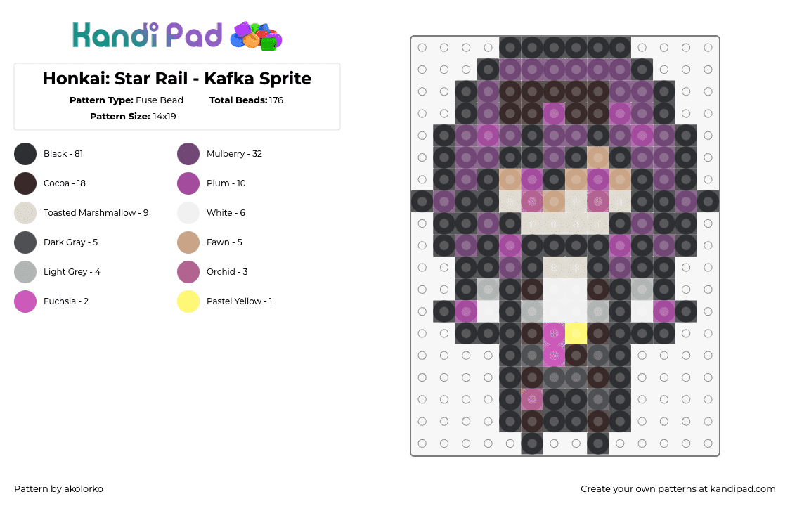 Honkai: Star Rail - Kafka Sprite - Fuse Bead Pattern by akolorko on Kandi Pad - kafka,honkai star rail,character,video game,chibi,purple,gray