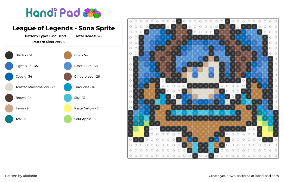 League of Legends - Sona Sprite - Fuse Bead Pattern by akolorko on Kandi Pad - sona,legend of zelda,video game,character,blue,tan