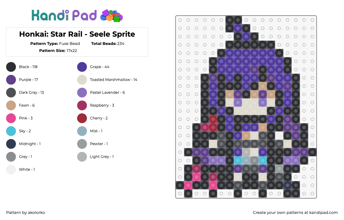 Honkai: Star Rail - Seele Sprite - Fuse Bead Pattern by akolorko on Kandi Pad - seele,honkai star rail,character,video game,chibi,purple