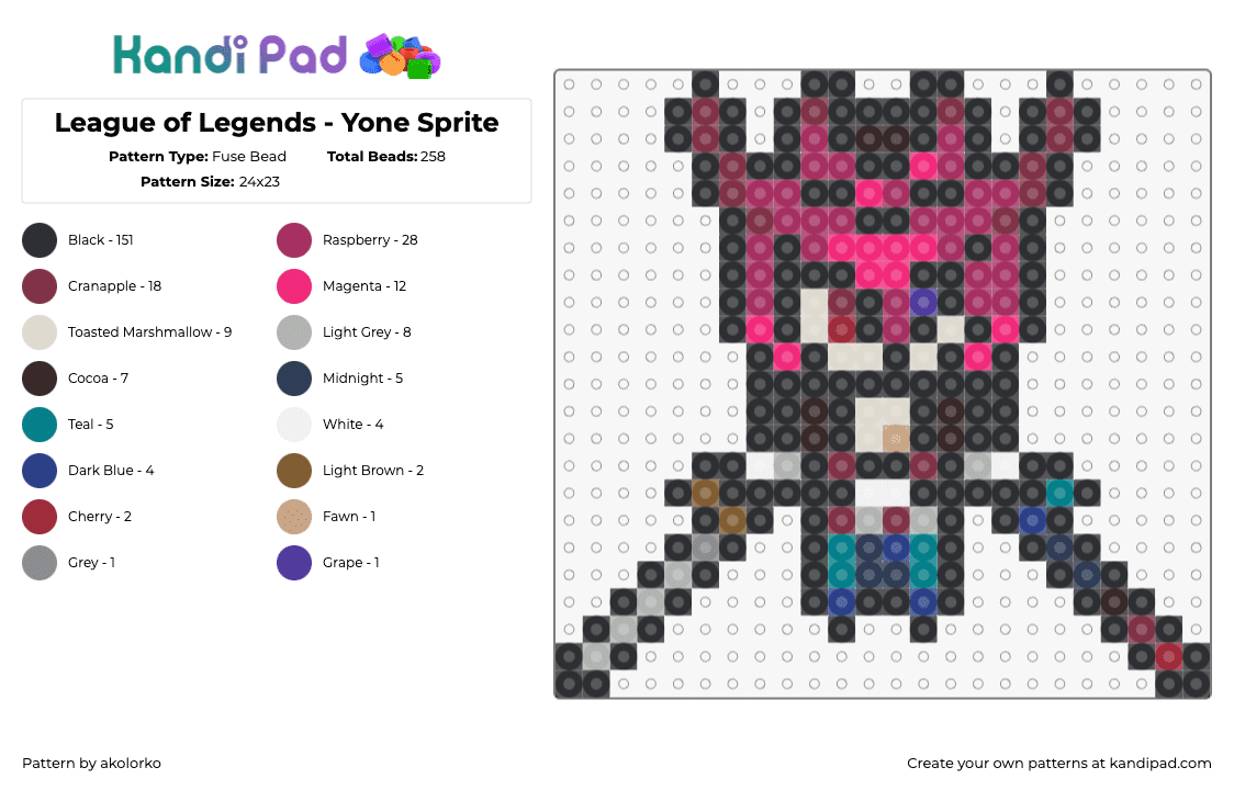 League of Legends - Yone Sprite - Fuse Bead Pattern by akolorko on Kandi Pad - yone,league of legends,character,video game,sprite,pink