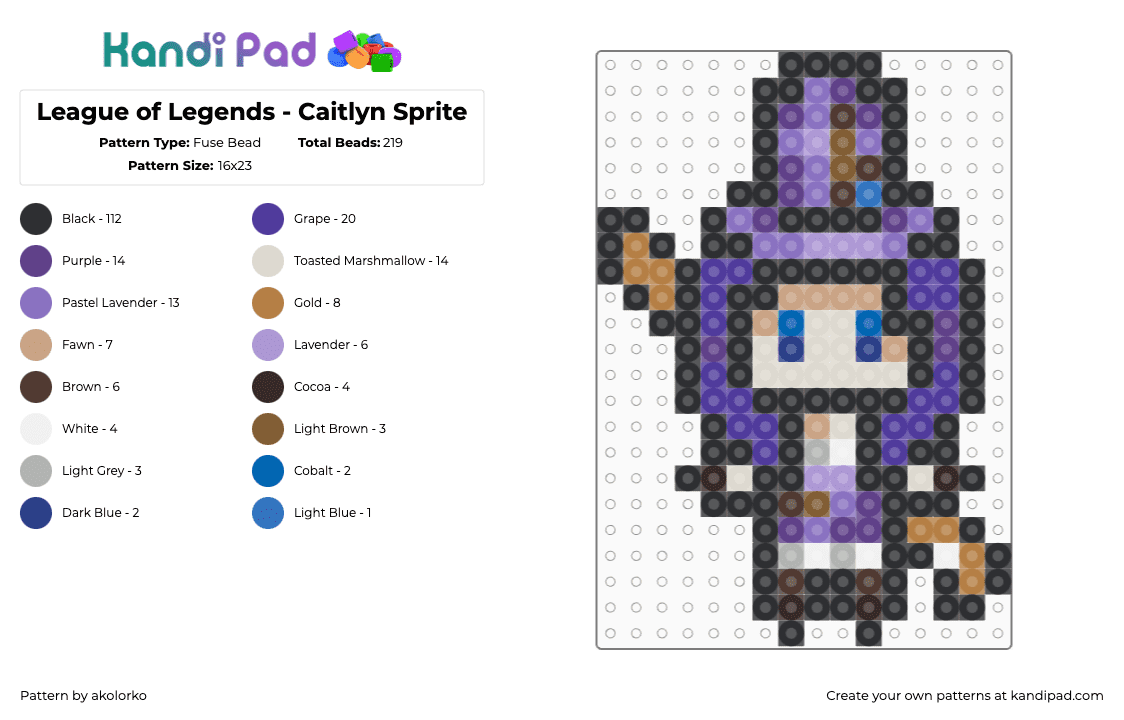 League of Legends - Caitlyn Sprite - Fuse Bead Pattern by akolorko on Kandi Pad - caitlyn,league of legends,lol,character,video game,purple