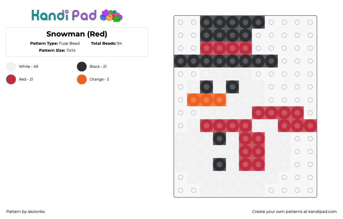 Snowman (Red) - Fuse Bead Pattern by akolorko on Kandi Pad - snowman,winter,scarf,christmas,top hat,white,red,black