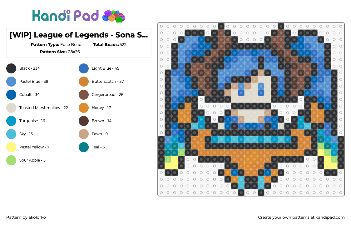 League of Legends - Sona Sprite - Fuse Bead Pattern by akolorko on Kandi Pad - sona,legend of zelda,video game,character,blue,tan