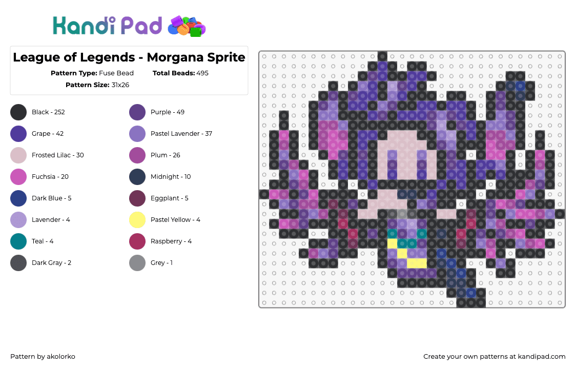 League of Legends - Morgana Sprite - Fuse Bead Pattern by akolorko on Kandi Pad - morgana,league of legends,lol,character,video game,purple,pink